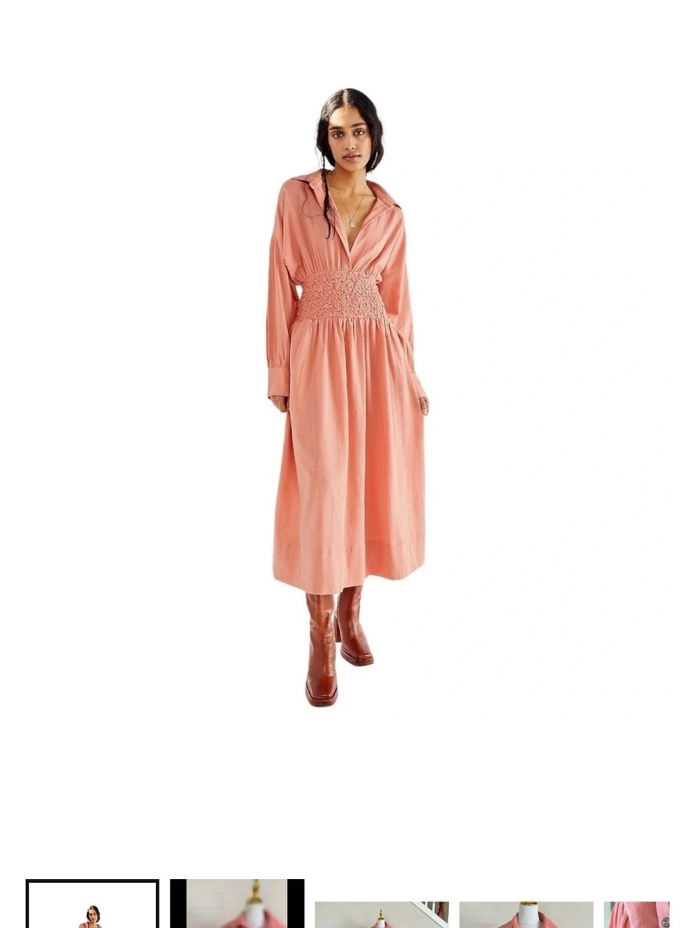 Free People Coral Smocked-Waist Midi Shirt Dress - Picture 1 of 8